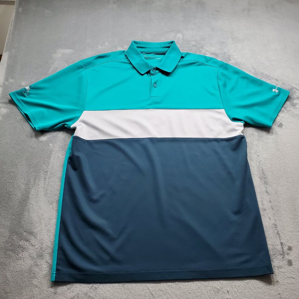 Under Armour Loose Heat Gear Golf Polo Vertical Stripe Teal Gray Blue Men Sz L